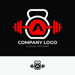 Letter A Logo With barbell and kettlebell | Fitness Gym Logo | Vector Illustration of a Logo Design