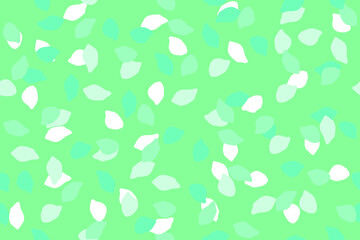 Falling floral or fruit trees petals. Mint, blue green, light blue, white petals gliding in the air in mint green background. Seamless pattern. Early spring, summer in the outdoor.