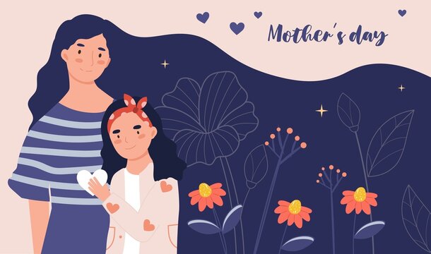 Portarit of young daughter. Mother with her children, greeting and invitation cards. International holiday, care, stylish pictures, spring flowers, nature, love. Cartoon flat vector illustration