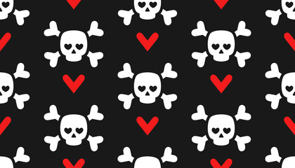 Skulls with shape heart eye and red hearts seamless pattern for valentine's day