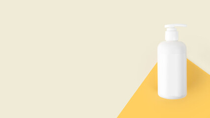 Natural Hypoallergenic Foam for bathing children. White Plastic pump bottle. children's cosmetics. Bottles on a sunny yellow background. Copy space