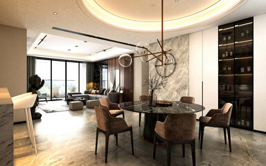 3d render of apartment, home living and kitchen room