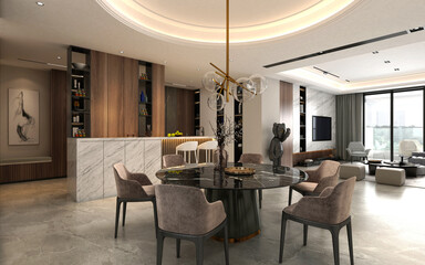 3d render of apartment, home living and kitchen room
