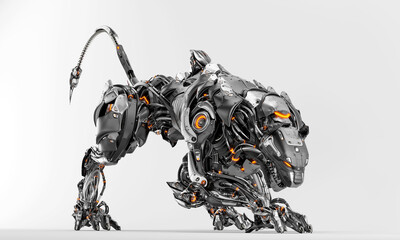 Robot panther in side creeping pose with strong, dangerous tail, 3d render on light background