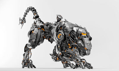 Robot panther in side creeping pose with strong, dangerous tail, 3d render on light background