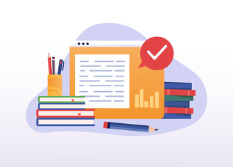 Learning resources concept. Books and pencil lie next to tablet. Distance learning metaphor, modern technology. Getting knowledge from home, selfdevelopment. Cartoon flat vector illustration
