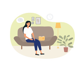 Mental health concept. Girl sits on couch, pondering lifes questions. Uncertainty in important aspects, character going through. Problems at work and in personal life. Cartoon flat vector illustration