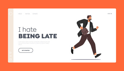 Businessman with Bag Run, Stress Landing Page Template. Business Character Late in Office, Anxious Businessman Hurry