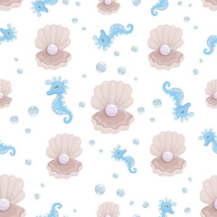 Seamless pattern with seahorse and pearl. Cartoon vector graphics.