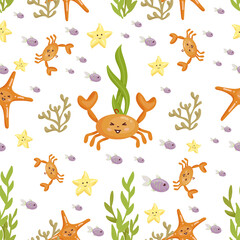 Seamless pattern with crab star, fishes and algae. Cartoon vector graphics.