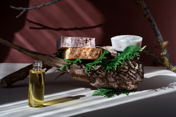 Wooden podium with handmade soap from natural ingredients.