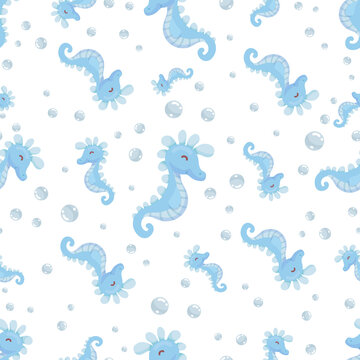 Seamless pattern with seahorse. Cartoon vector graphics.