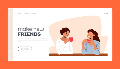 Girlfriends Meeting Landing Page Template. Young Women at Home or Cafe Drinking Tea Holding Cups in Hands, Communication