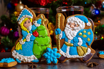 Christmas gingerbread in the shape of Santa Claus and Snow Maiden homemade cookies