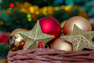 decorations balls on the Christmas tree red gold color in the basket Christmas tree decoration for christmas
