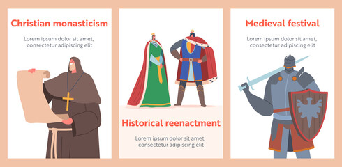 Medieval Historical Characters Cartoon Banners. Royal Queen, King, Monk with Parchment, Knight Warrior. Ancient Heroes