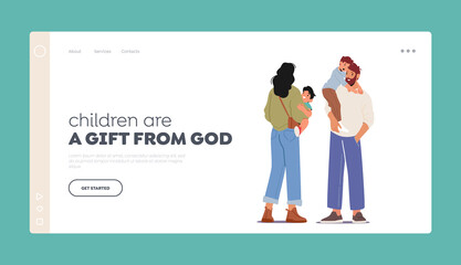 Young Parents with Children Landing Page Template. Mother and Father Loving Happy Family Characters Hold Kids on Hands
