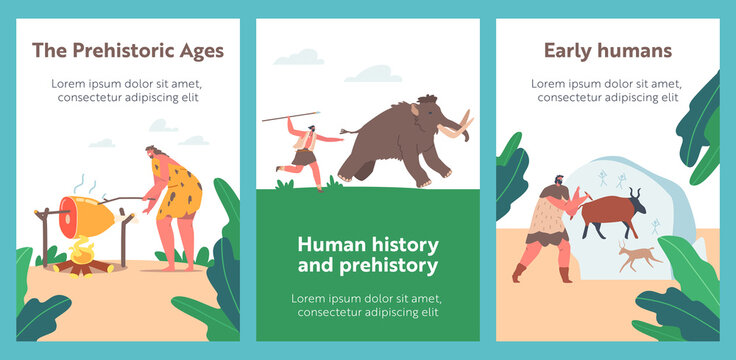 Prehistoric Ages People Cartoon Banners. Wear Animal Skin Use Primitive Tools for Hunting, Cooking on Fire, Man Hunting