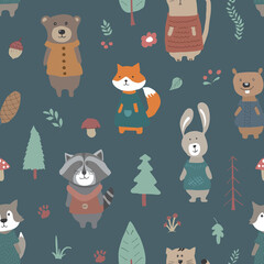 Cute animals Seamless pattern. Cartoon Animals in forest background. Vector illustration