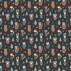 Obraz premium Cute animals Seamless pattern. Cartoon Animals in forest background. Vector illustration