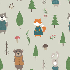 Cute animals Seamless pattern. Cartoon Animals in forest background. Vector illustration