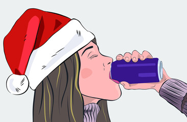 A girl in a Santa hat drinks a drink. - 474584131