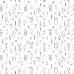 Cute animals Seamless pattern. Cartoon Animals in forest background. Vector illustration