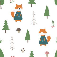 Cute Fox Seamless pattern. Cartoon Animals in forest background. Vector illustration