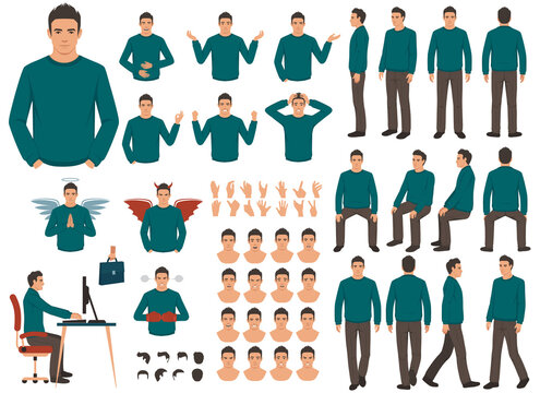 Vector man character casual poses set in flat style. Full length, gestures, emotions, front, side, back view.