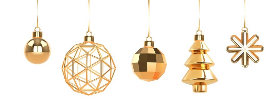 Christmas and New Year golden ornaments. Christmas tree, xmas balls and snowflake, abstract modern elements 3d render.