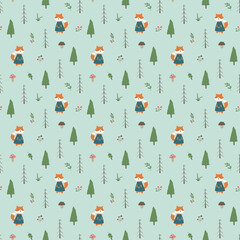 Cute Fox Seamless pattern. Cartoon Animals in forest background. Vector illustration