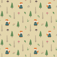 Cute Fox Seamless pattern. Cartoon Animals in forest background. Vector illustration