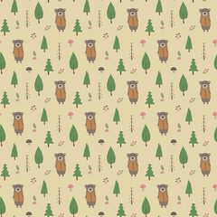Cute bear Seamless pattern. Cartoon Animals in forest background. Vector illustration