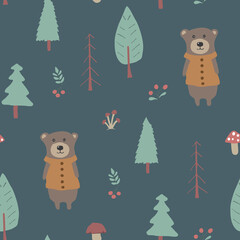 Schattige beer naadloze patroon. Cartoon dieren in bos achtergrond. vector illustratie