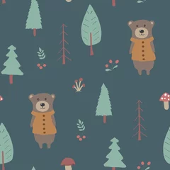 Poster Uit de natuur Schattige beer naadloze patroon. Cartoon dieren in bos achtergrond. vector illustratie