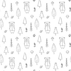 Cute bear Seamless pattern. Cartoon Animals in forest background. Vector illustration