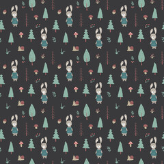 Cute rabbit Seamless pattern. Cartoon Animals in forest background. Vector illustration