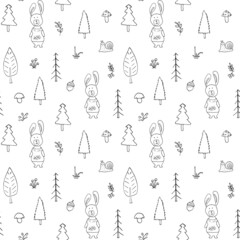 Cute rabbit Seamless pattern. Cartoon Animals in forest background. Vector illustration