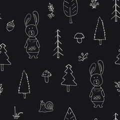 Cute rabbit Seamless pattern. Cartoon Animals in forest background. Vector illustration