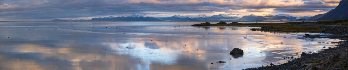 Sunrise Stokksnes cape sea beach, Iceland. Amazing nature scenery, popular travel destination.