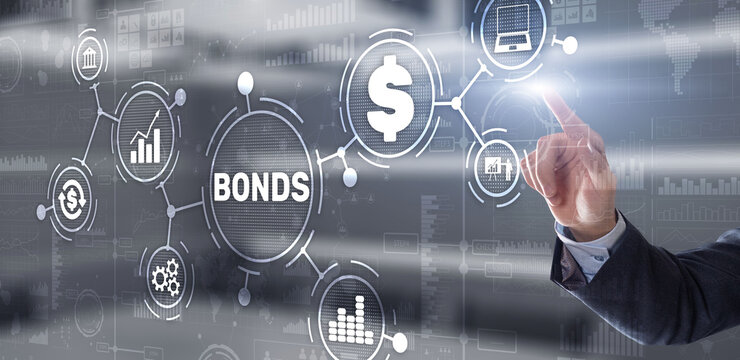 Businessman clicks a bonds virtual screen. Bond Finance Banking Technology concept. Trade Market Network