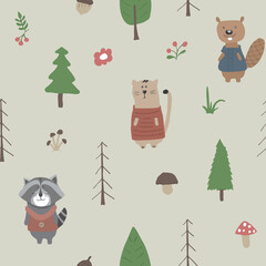 Cute animals Seamless pattern. Cartoon Animals in forest background. Vector illustration