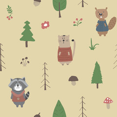 Cute animals Seamless pattern. Cartoon Animals in forest background. Vector illustration
