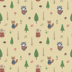 Cute animals Seamless pattern. Cartoon Animals in forest background. Vector illustration