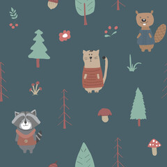 Cute animals Seamless pattern. Cartoon Animals in forest background. Vector illustration