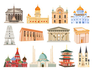 Set of architectural monuments from different countries. Religious buildings, mosques, cathedrals.