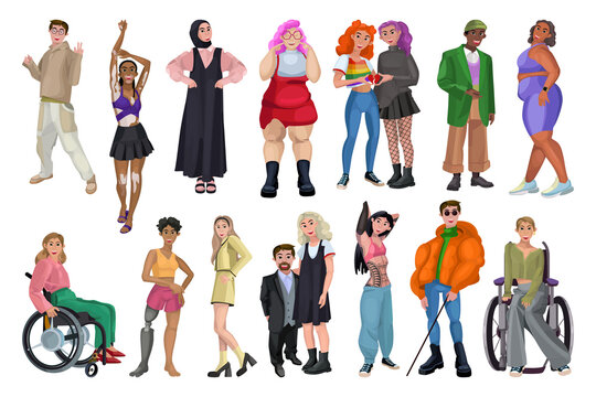 Collection of characters with health features. Persons with disabilities and people of different social groups.