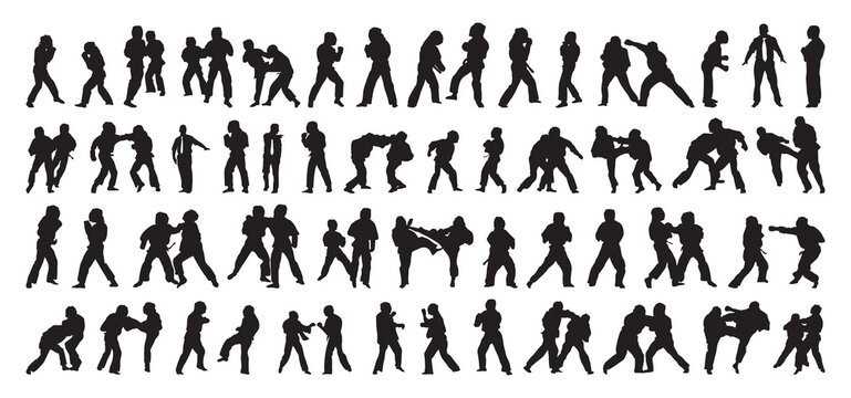 Collection of black silhouettes of people practicing kudo. Shadows of the fighting men on a white background. Martial arts illustrations.