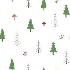 Woodland Seamless pattern, Forest background. Cute cartoon trees and plants vector illustration