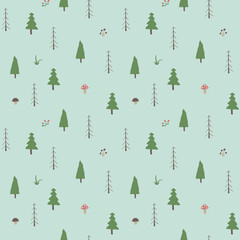 Woodland Seamless pattern, Forest background. Cute cartoon trees and plants vector illustration